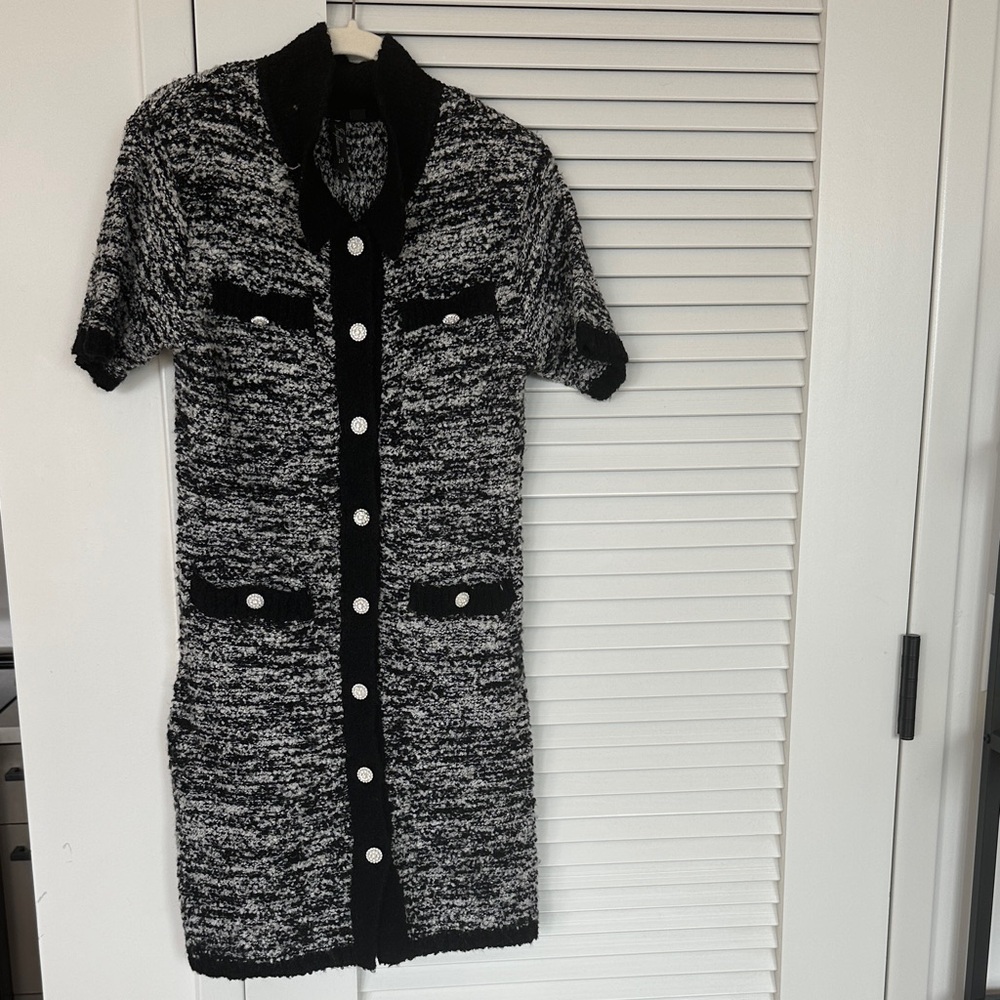 Influence Black & White Bouclé Knit Mini Dress with Contrast Piping